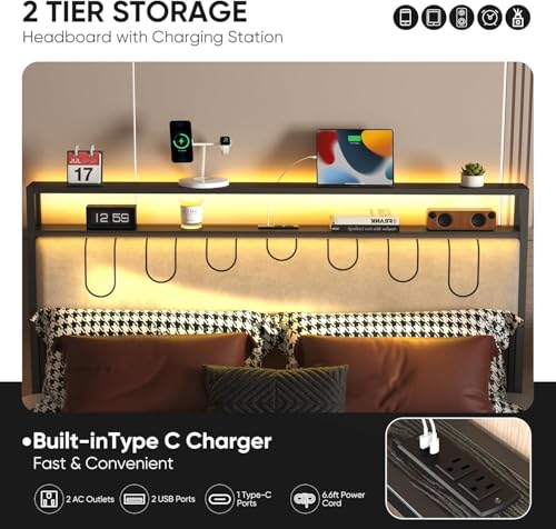 Image of J.Fkne Full Bed Frames with Charging Station and LED Lights, Full Size Platform Bed with Metal Slats, Upholstered Headboard with 2-Tier Storage Shelves, No Box Spring Needed, Easy Assembly, Black