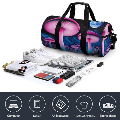 Gym Bag for Men Women, Lightweight Overnight Duffel Bags Trippy Mushroom Magical World Glowing Art Waterproof Travel Sports Bag4