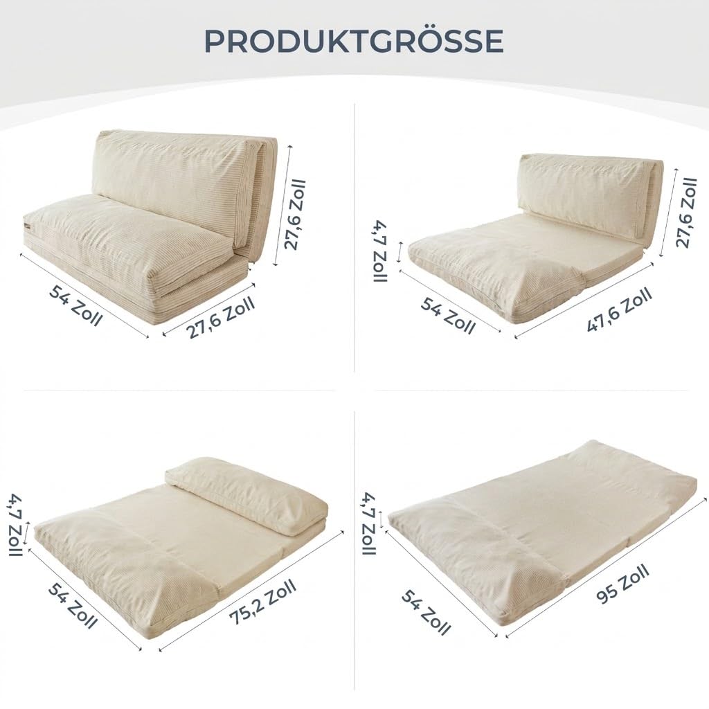 MAXYOYO Sitzsack-Bett, faltbar, Cord-Schlafsofa, Bodenmatratze für Erwachsene, extra dick, 4-Fach gefaltet, Bodencouch für Schlafzimmer, Wohnzimmer, Beige, 135 x 240 cm