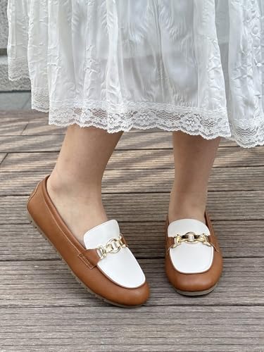Image of VERDASCO Womens Loafers Casual Slip On Flat Shoes Moccasins Penny Loafers Comfortable Bussiness Dress Shoes Leather Brown White 6
