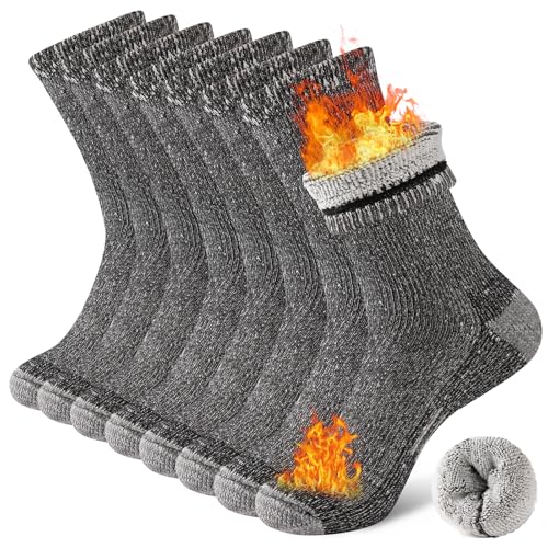 COOPLUS Merino Wool Hiking Socks for Men Thermal Warm Cushion Crew Winter Work Boot Socks (4 Pairs)