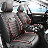 AMAJIE Fit Tiguan Premium Leather Car Seat Covers Compatible with VW Tiguan 2009-2026, Breathable, Wear Resistant, Airbag Compatible, All-Weather Protection & Full Coverage, Full Set Red Line Black
