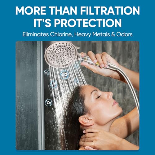 Image of Cobbe Filtered Shower Head with Handheld, High Pressure 6 Spray Mode Showerhead with Filters, Water Softener Filters Beads for Hard Water - Remove Chlorine - Brushed Nickel