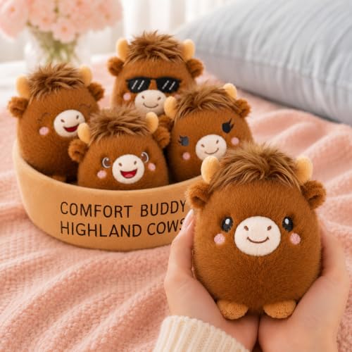 Image of Emotional Support Highland Cow Plush Set, 5 Soft Squishy Toys Stuffed Animal with Carrying Basket, Cute Cuddly for Loved Ones of All Ages, Stress Relief Funny Gifts (Highland Cow)