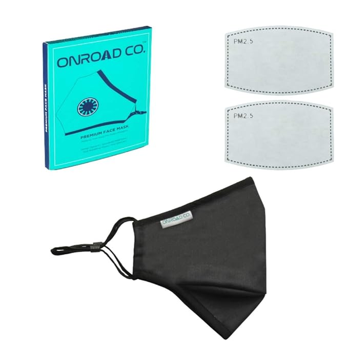Onroad Co. Reusable and Washable Anti Pollution Masks with PM 2.5 Replaceable Filters - Black Color, Large (Ideal for 60-90 kgs body weight)