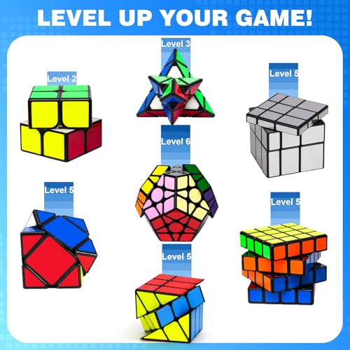 AuntyFey 7 Pack Magic Speed Cube Set - 2x2, 3x3, 4x4 Cube, Pyramid Triangle Megaminx Speed Cubes for Kids & Adults