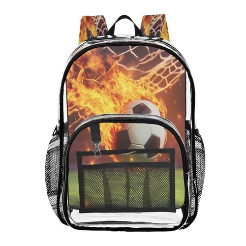 Soccer Flying with Fire Clear Backpack Heavy Duty See Through Transparent PVC BookBag for Kids Boy Girl School Work