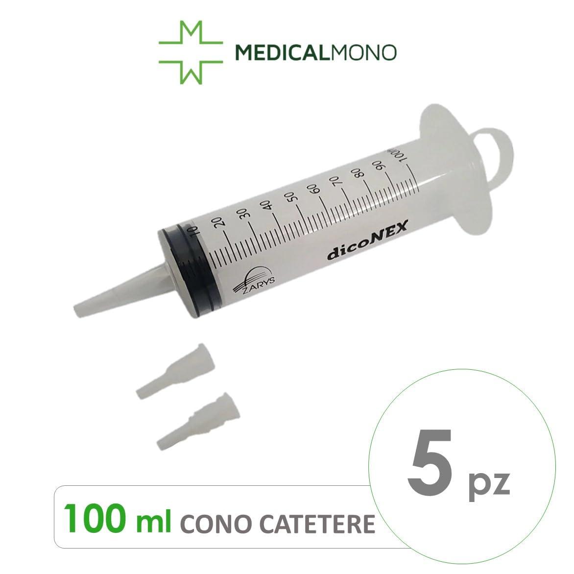 MEDICALMONO - Siringhe STERILI DicoNEX 100 ml Senza Ago, Cono Catetere, Sterile, Monouso, Latex-Freel - 5 Pezzi