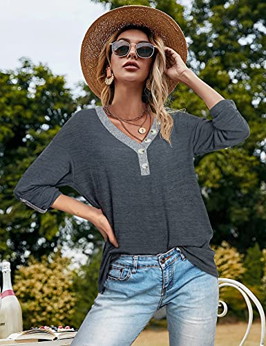 Messic Tunics For Women To Wear With Leggings, 3/4 Sleeve Work Blouses For Women Office Color Block Loose Fitting Dressy Tops Flattering V Neck Polyester Button Up Shirts Casual Clothes Grey,M #TOP2