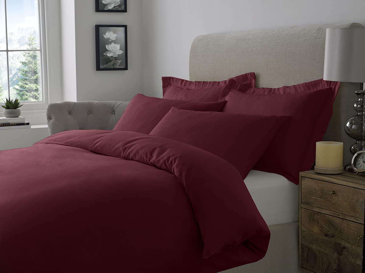 ED 100% Brushed Cotton Duvet Cover Sets | Plain Dyed Reversible Flannelette Bedding Sets With Matching Pillowcases (Single, Wine)