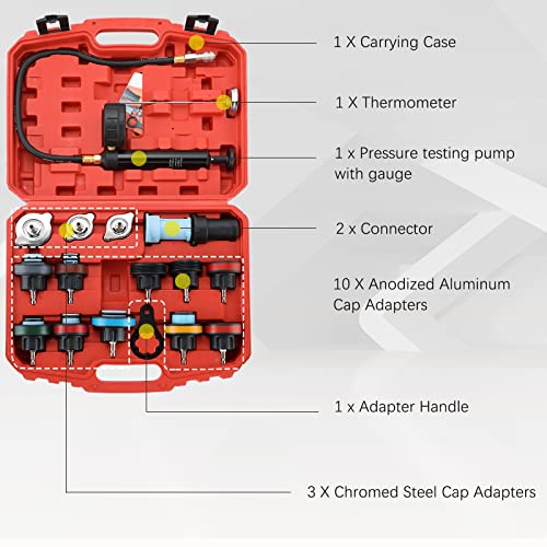 Dasbet 18Pcs Radiator Pressure Leakage Tester Tool Kit, Automotive Cooling System Water Tank Leak Test Detector Set With Hand Pump And Nylon Adapters #TOP1