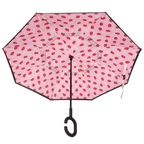 Nollia Double Layer Inverted Umbrella - C Shaped Handle Reverse Folding Windproof Umbrella (Black Solid With Pink Strawberries And Daisy) #TOP19