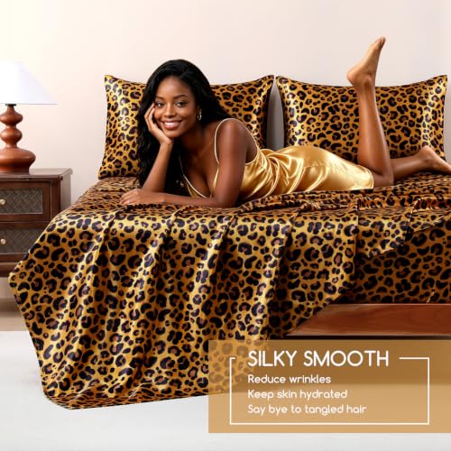Image of MR&HM Satin Bed Sheets with Elastic Corner Straps, Queen Size Sheets Set, 4 Pcs Silky Bedding Set with 15 Inches Deep Pocket for Mattress (Queen, Gold Leopard)