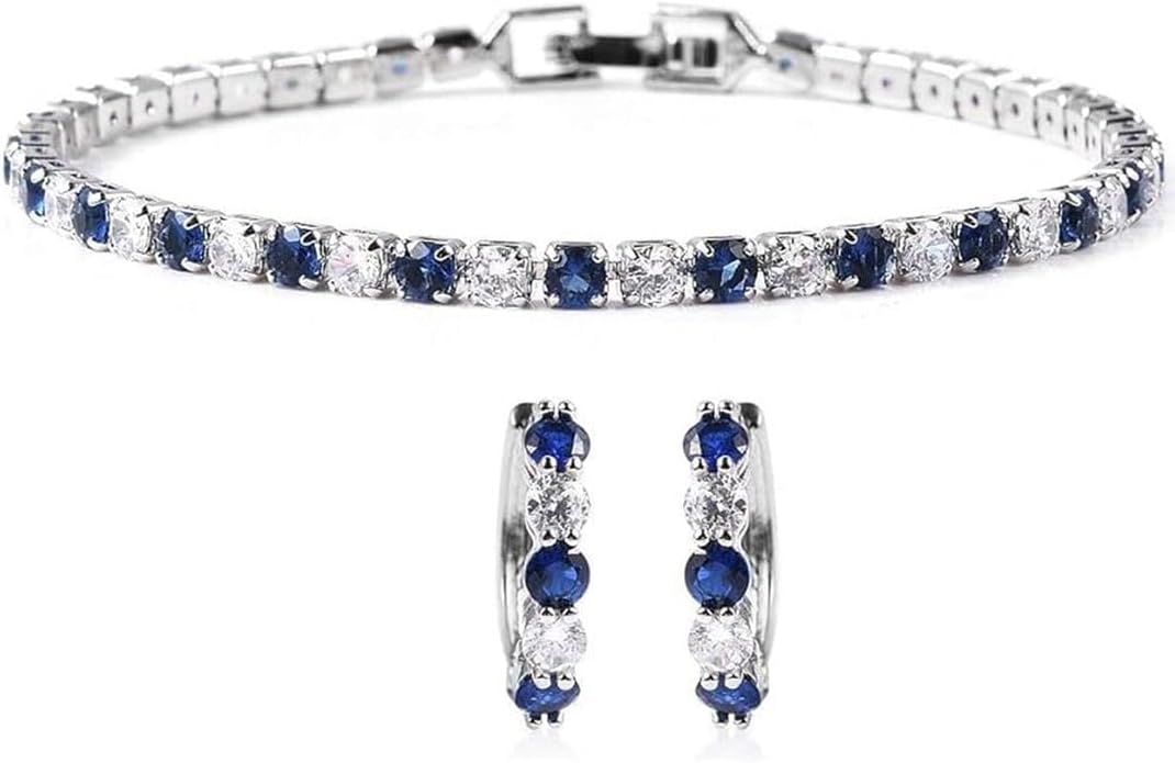 CZ Tennis Bracelets for Women & Cubic Zirconia Earrings Set - Lab Created Blue Sapphire Cubic Zirconia Bracelet & Hoop Earrings - Costume Jewelry Sets for Women Christmas Gifts Size 7"