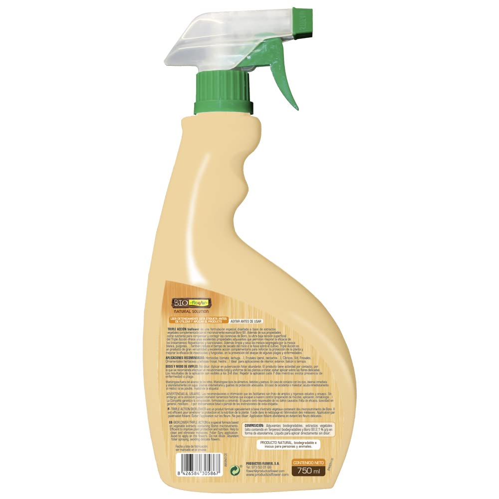 BioFlower - Triple Acción Ecológico 750 ml | Insecticida, Fungicida y Secante | Boro y Extractos Vegetales Biodegradables | Apto Agricultura Ecológica | Listo Para Usar