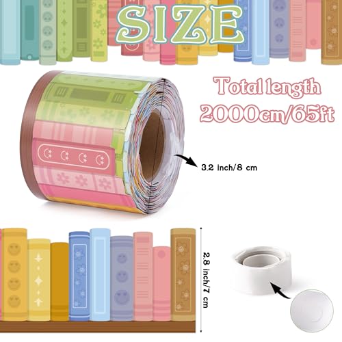 Image of BeYumi Boho Bookshelf Border Trim - 65ft Back to School Retro Groovy Books with Smile Face Border Trim Floral Rainbow Colorful Bookshelf Bulletin Board Library Classroom Office Home Wall Party Decor