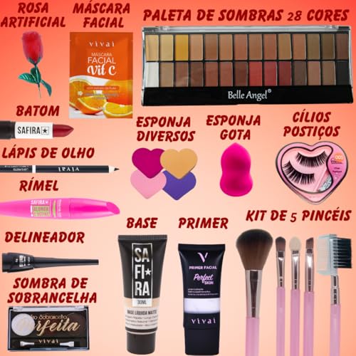 Maleta de Maquiagem Completa com 13 Itens Paleta de Sombras Base Pincéis Cílios Acessórios Kit Compl
