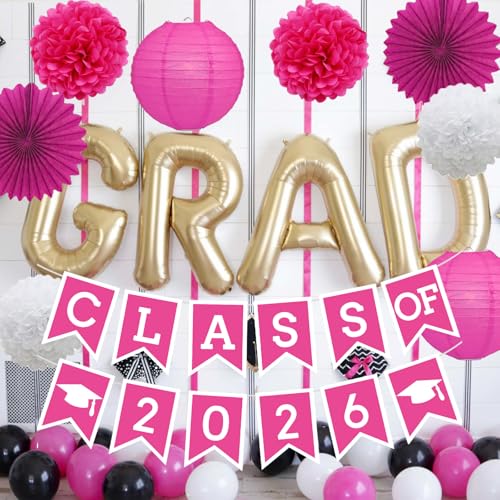 Image of Hotpink Graduation Party Decoration Class 2026 Banner Hanging Pom Poms Flowers High School College Grad Supplies