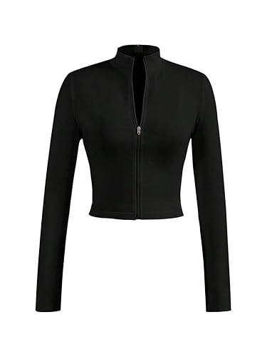 SOLY HUX Women's Full Zip Workout Running Crop Tops Athletic Jacket Long Sleeve Yoga Cropped Tee Shirts - XX-Small - Solid Black