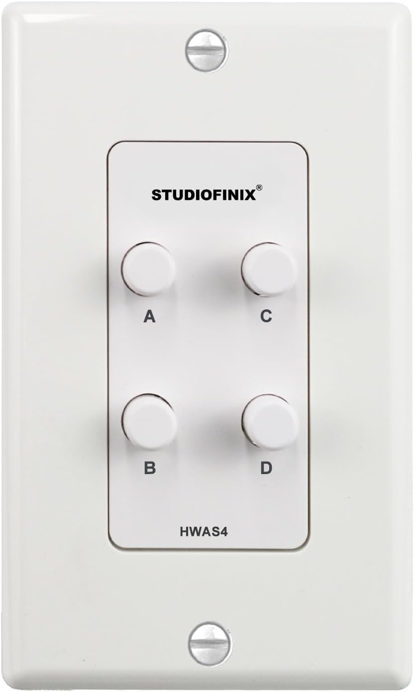 STUDIOFINIX in-Wall 4-Zone A/B/C/D Speaker Selector Switch, 120W Peak Power Per Channel Speaker Controller Box, Controls 4 Pairs of Speakers, Fits Standard Single-Gang Wall Box for Whole-Home Stereo