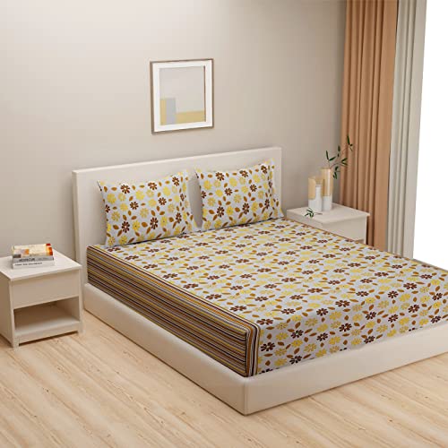 Image of Swayam Pure Cotton Double Bedsheet with 2 Pillow Covers | Size 90 x 100 inch | 160 TC | Floral Design | Soft Breathable Bed Sheet | Comfortable & Durable for Bedroom - Yellow & Brown