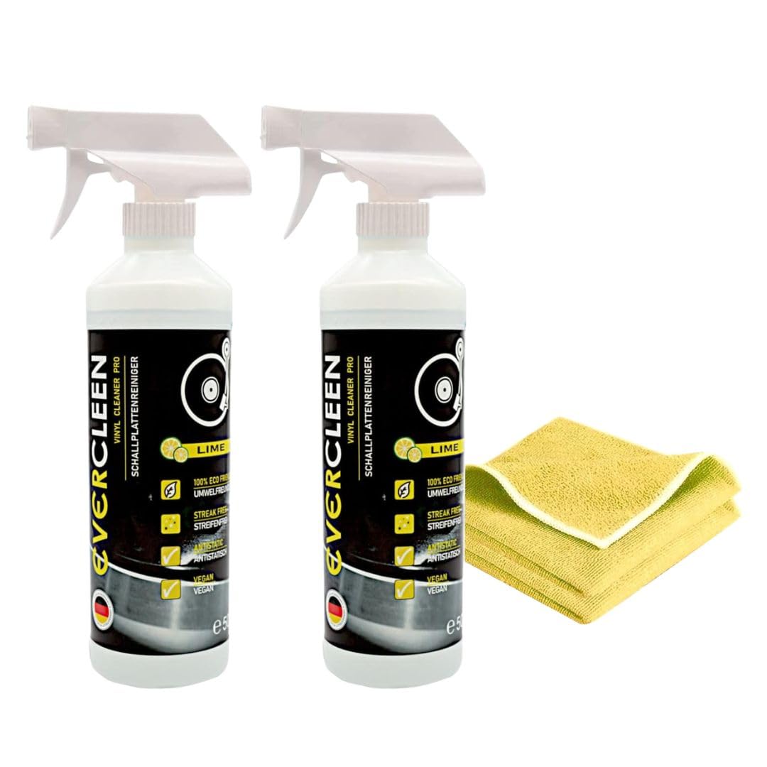 Limpiador de Pantalla de Vinilo Record Cleaner Pro 2X 500 ml + 2 paños de Microfibra + 2 cepillos. Limpiador Vegano Respetuoso con el Medio Ambiente, Fabricado en Alemania