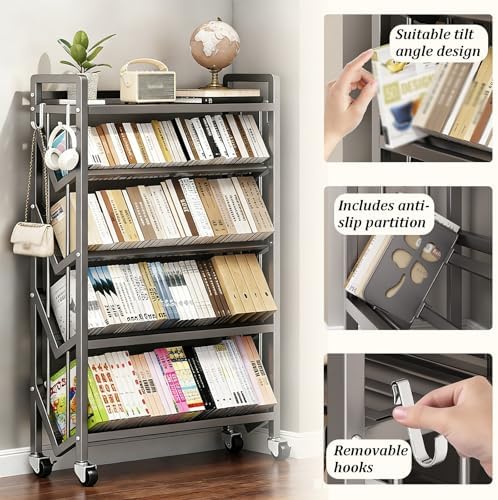 5-Tier Rolling Book Cart with Wheels - Metal Library Shelving Unit with Hooks & Partitions - Large Capacity Mobile Book Organizer for Home, Office & School (Gray, 90cm)