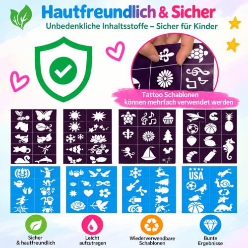 Tattoo Stifte 6 Farben Glitzer Set für Kinder, Glitzer Tattoo für die Haut, Tatoostift mit 8 Schablonen 80 Muster und Gesicht edelstein für… – Ansicht 5