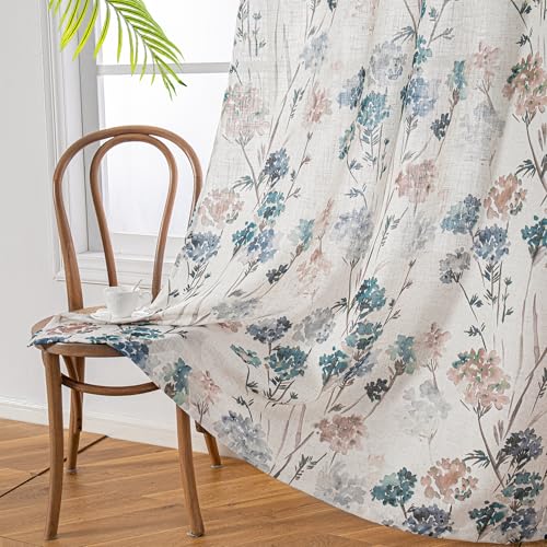 Image of MYSKY HOME Floral Linen Curtains 45 inch Length 2 Panels Set Patterned Semi Sheer Light Filtering Privacy Farmhouse Grommet Drapes for Bedroom Small Window, Brown, 52 inch Wide Each Panel, Pack-2