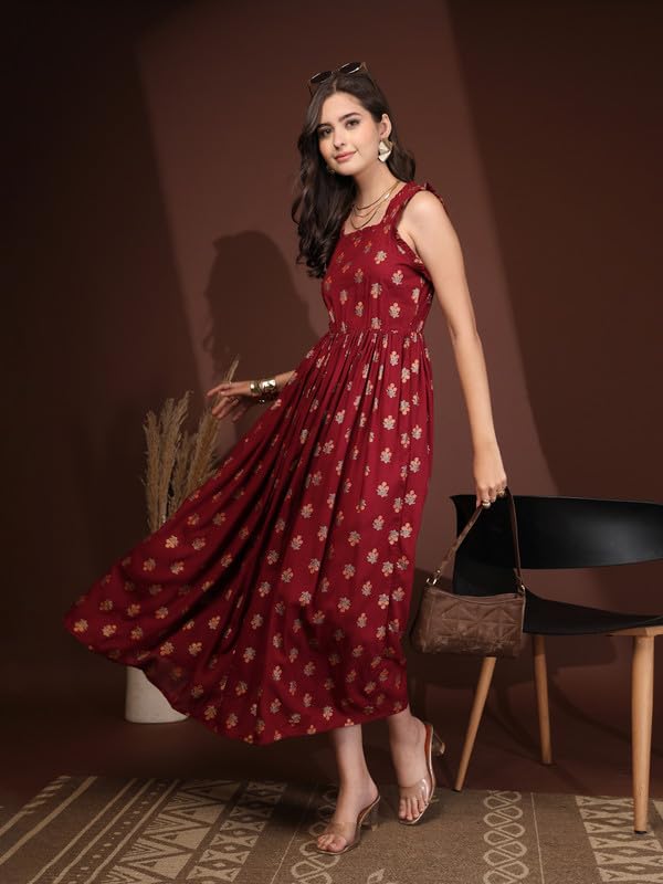 Image of Dress for Women | New Rayon Floral Printed Flared Maxi Dress for Women & Girl's