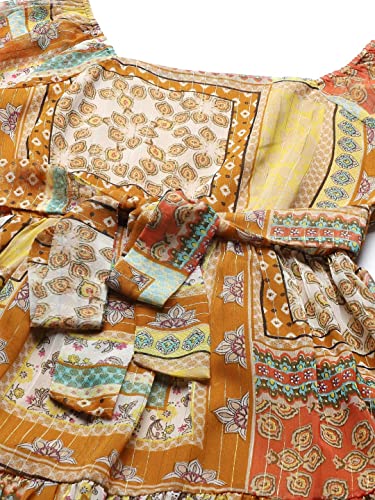 Image of Cottinfab Women Mustard Yellow Ethnic Printed A-Line Maxi Dress