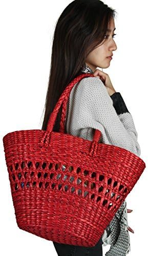 Paja Mercado Grande para Picnic de compras bolso de mano bolsa de hombro Rojo Orgánico Woven playa bolsa Casual