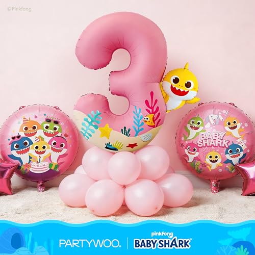 Image of PartyWoo Baby Shark Pink Foil Number 3 Balloon 5pcs 40 18 Inch Pink Round Star Mylar Helium Birthday Balloons for Boys and Girls Baby Shark Under the Sea Ocean Kids Third Birthday Party Decorations