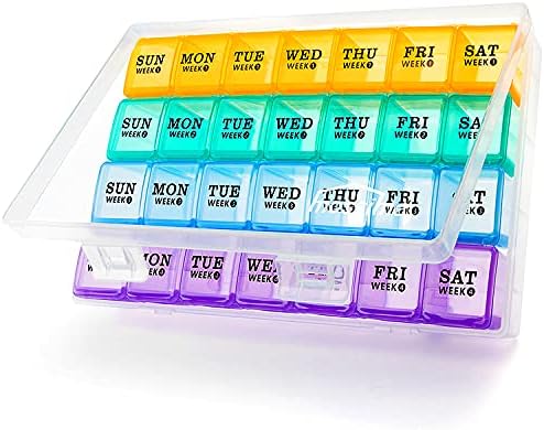 XL Large Monthly Pill Organizer 4 Weeks, 28 Day Pill Box Organizer Weekly, Big Compartment Pill Box with Travel Case, 7 Day Pill Dispenser 4 Times a Day, Medicine Organizer Box for Vitamin, Fish Oil