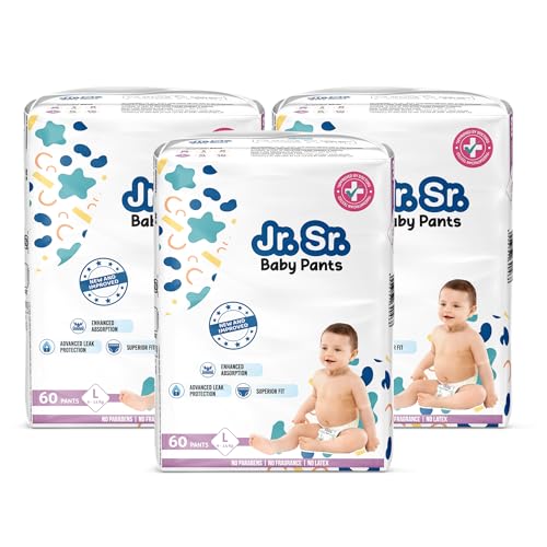 Image of Jr. Sr. Baby Diaper Pants | Large (L) Size (9-14 kg), 180 Count | Pack of 3 | Upto 12 hr Absorption with Advanced Leak Protection | Safe For Babies Skin | Soft, Secure & Comfy