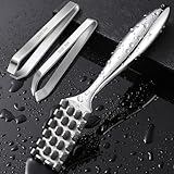 SUCCFLY Fish Scaler Set, Premium Fish Descaler Tool, Stainless Steel Fish Scale Remover with Serrated Sawtooth Ergonomic Handle for Kitchen, Seafood Markets (Fish Scaler + 2 Pack Fish Bone Tweezers)