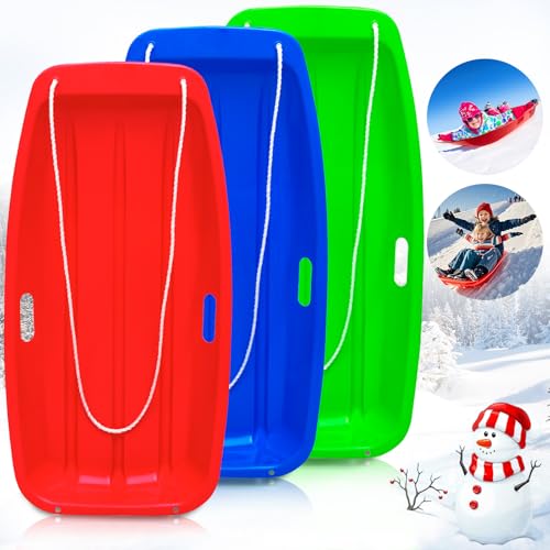 Vilupvie Schlitten Bob Schlitten Kinder mit 2 Zugseil, 89 cm Bob Schlitten Erwachsene zum Rodeln mit Handgriffe für Unisex Kinder Erwachsene Wintersport (Rot+Blau+Grün)