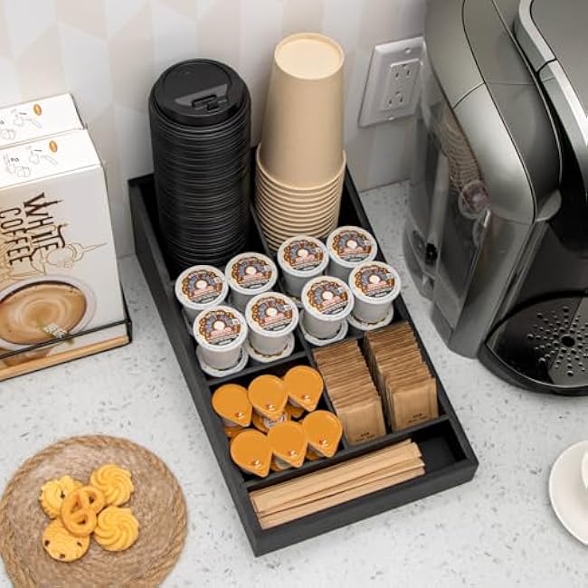 Coffee Station Organizer for Countertop, Condiment Storage Caddy, Coffee Bar Supplies Organizer for Home, Office and Breakroom - Wooden, Black, 7 Compartment
