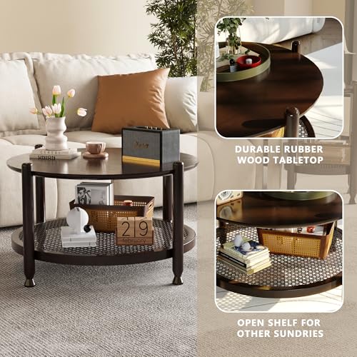 Image of NSdirect 32 inch Round Coffee Table for Living Room, 2-Tier Solid Wood Center Table for Home Decor with Boho Woven Rattan Storage Shelf | Modern Farmhouse Design, Easy Assembly, Black Brown