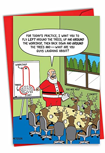 NobleWorks - Funny Merry Christmas Greeting Card with Envelope (4.63 x 6.75 Inch) - Holiday Joke Humor - Reindeer Around the Tree 1627