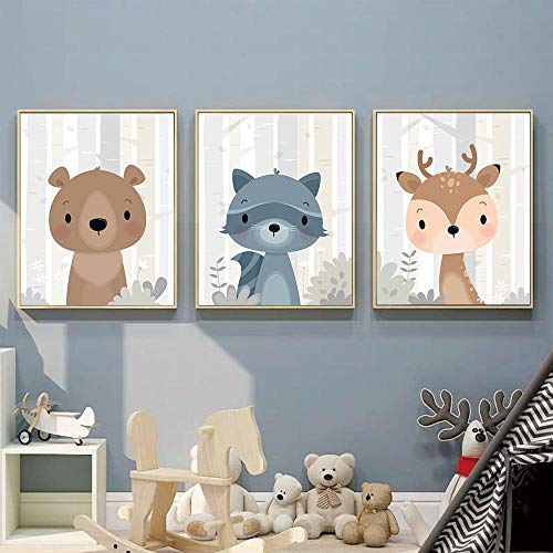 VCFHU Oso Ciervo Arte de la Pared Dibujos Animados póster Impresiones Animales de la Selva Lienzo Cuadro guardería Moderna niños habitación de bebé decoración de la Pared imágenes 40x50cmx3 sin Marco Cover