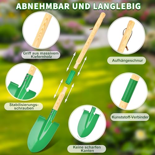 Schubkarre Kinder, Gartengeräte Kinder aus Holz, Gartenwerkzeug Kinder Abnehmbar mit Schaufel Harke Hacke Gießkanne, Outdoor Garten Spielzeug für Jungen Mädchen ab 3 Jahre