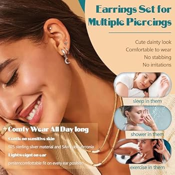 LOLIAS 12 paar bengelen hoepel oorbellen goud kleine Huggie hoepel oorbellen voor vrouwen ster CZ kleine stud oorbel bal bar ketting dubbele hoepel oorbel set, Zirkonia