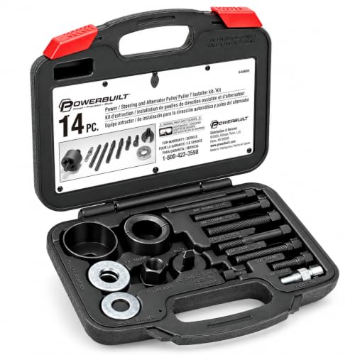 Powerbuilt 14-Pc Power Steering and Alternator Pulley Tool Set - 648605 | Pulley tool set removes and installs power steering pump and alternator pulleys with multiple adapters and storage case.