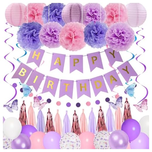Amandir Purple Birthday Decorations for Women Girl Butterfly Birthday Party Decorations Supplies Pink and Purple Balloons Happy Birthday Circle Dots Banner Butterfly Hanging Swirl Paper Lanterns Pom