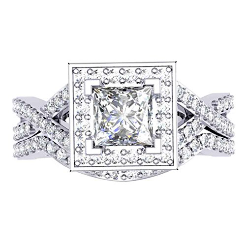 Dazzlingrock Collection 1.40 Carat (Cttw) 14K Princess & Round Diamond Twisted Halo Engagement Ring Set, Solid White Gold, Size 5