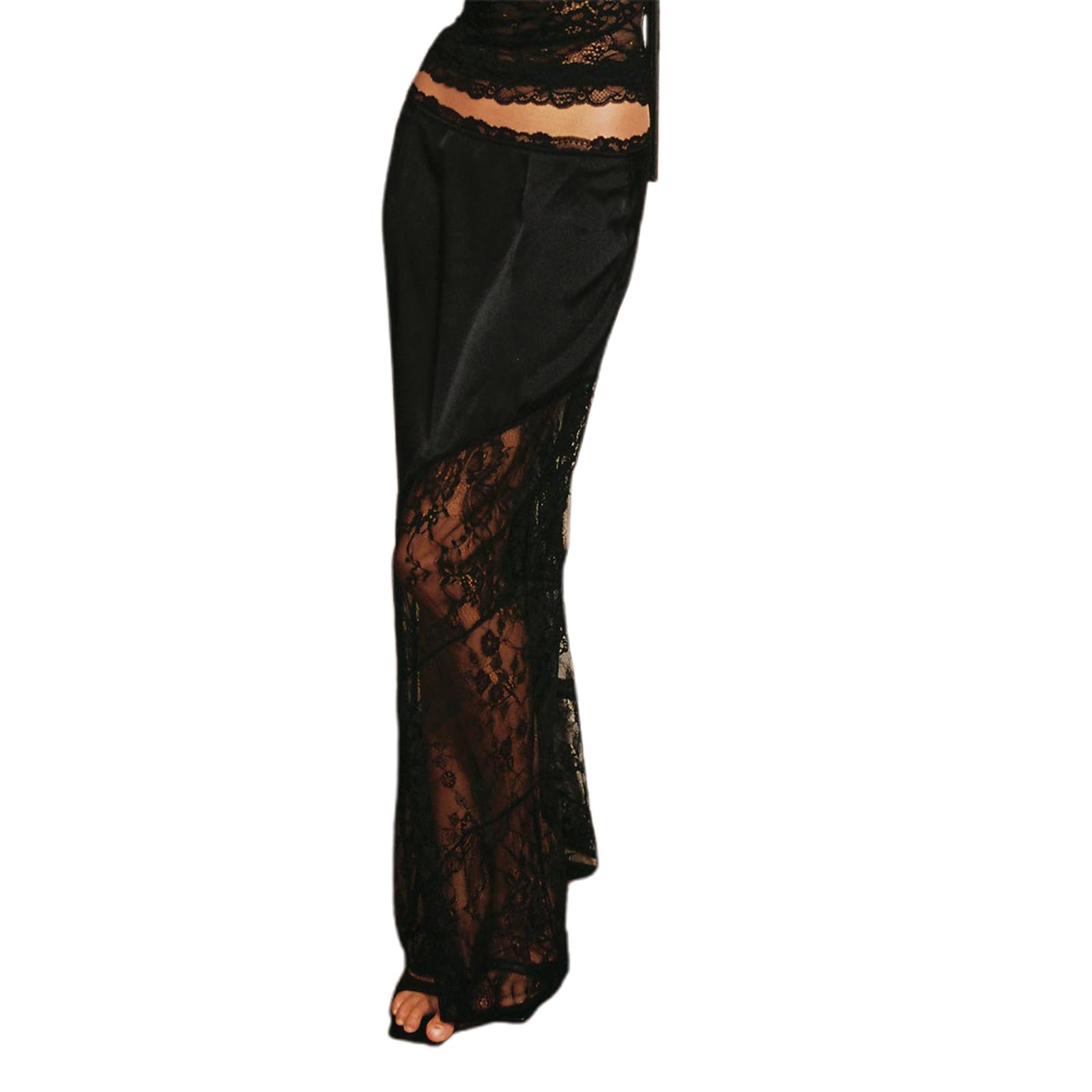 Women Lace Trim Satin Long Skirts Silk Lace Patchwork Mid Waist Solid Color Asymmetric Midi Skirts