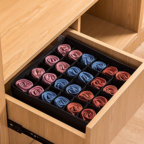 Qozary 2 Pack Sock Underwear Organizer, Non-Woven Fabric 24 Cell Drawer Organizer Divider, Collapsible Closet Cabinet Storage Boxes for Storing Socks, Lingerie, Underwear, Clothes (Black)