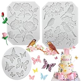 3 Pack Butterfly Rose Flower Stems Birds Blossoms Silicone Fondant Mold, for Making Chocolate Fondant Jelly Polymer Clay Soap Crafting DIY Projects and Cake Decoration