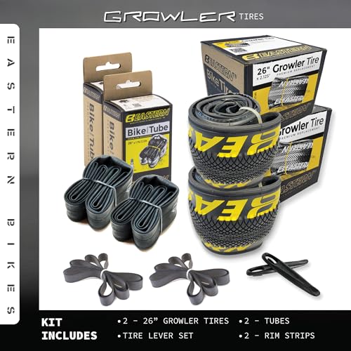 Growler Tire 26 x 2.125 Inch Tire Replacement Kits with or Without Inner Tubes. Includes Tools. Fits Bicycles with 26 x 1.75 or 26 x 2.125 Rim or Wheels. (Yellow Logo, 2 Pack with Tubes)